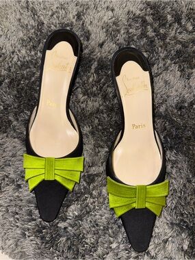 Christian Louboutin Black Pointed Mules with Lime Green Bow